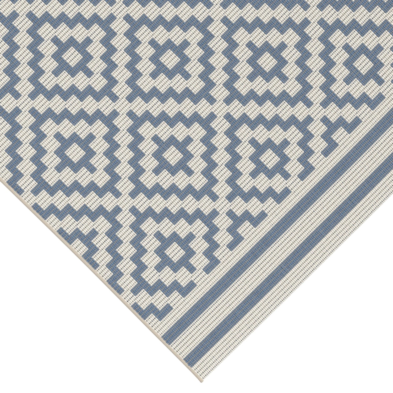 Blau-weißer Outdoorteppich Primaflor Eldorado Quadra 160x230cm mit geometrischem Muster.