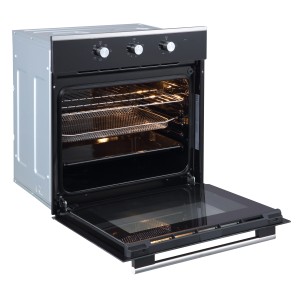 PKM Einbaubackofen EBO6-60AF mit geöffneter Tür, inklusive Frittierkorb.