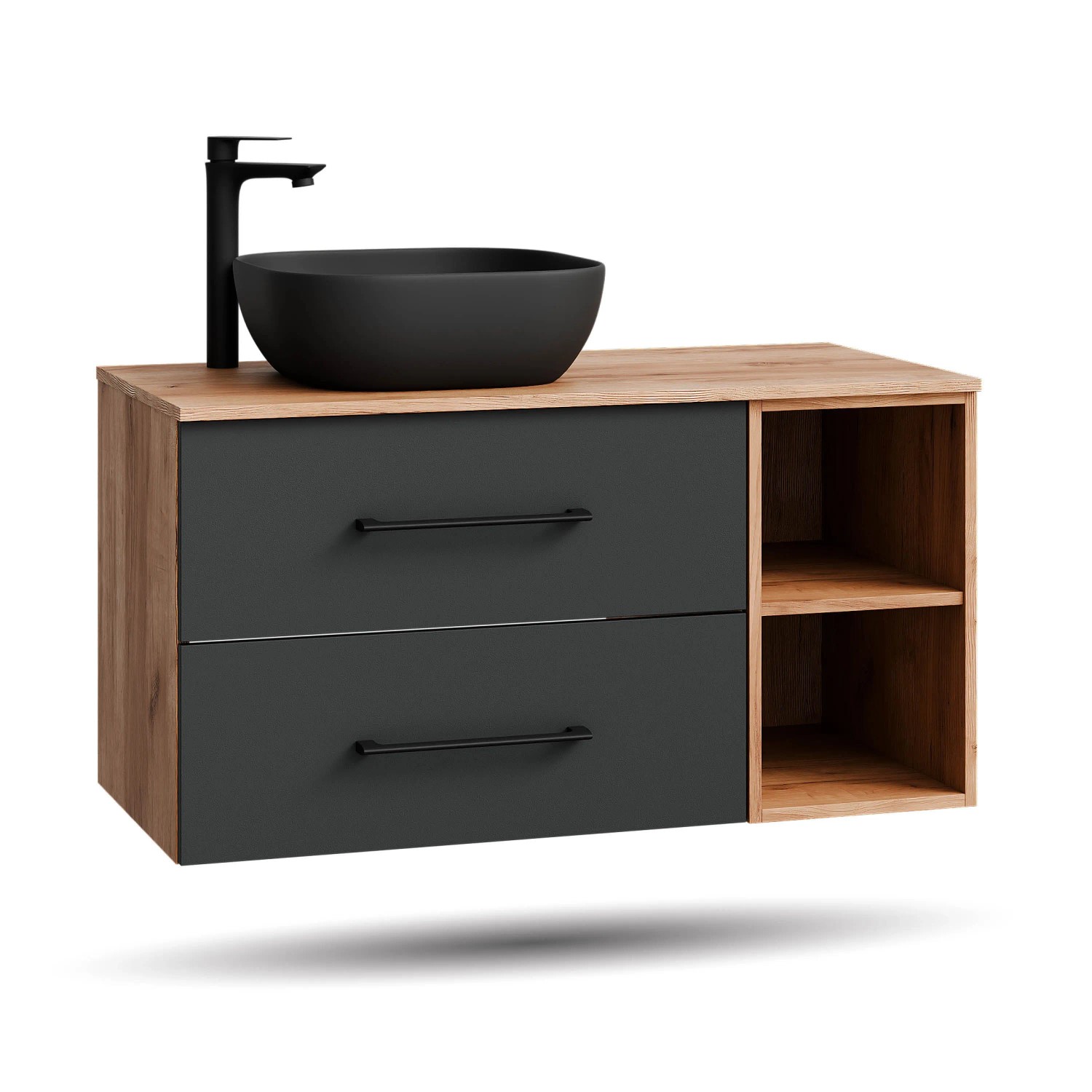 Planetmöbel LUX Waschtischunterschrank 120 cm mit Aufsatzwaschbecken 42,5 cm Schwarz Soft Close