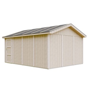 Timbela Garage Premium M991B aus Holz, naturbelassen, mit Tür und Rolltor. Fertiggarage für Garten und Hof.