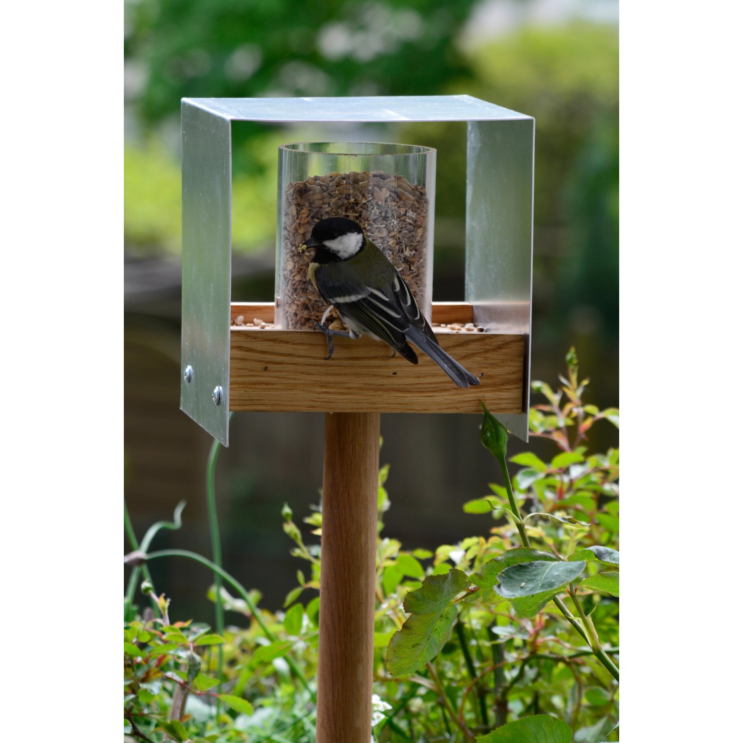 Dobar Design Vogelhaus Industrie-Bauhaus mit Ständer und Meise beim Fressen.