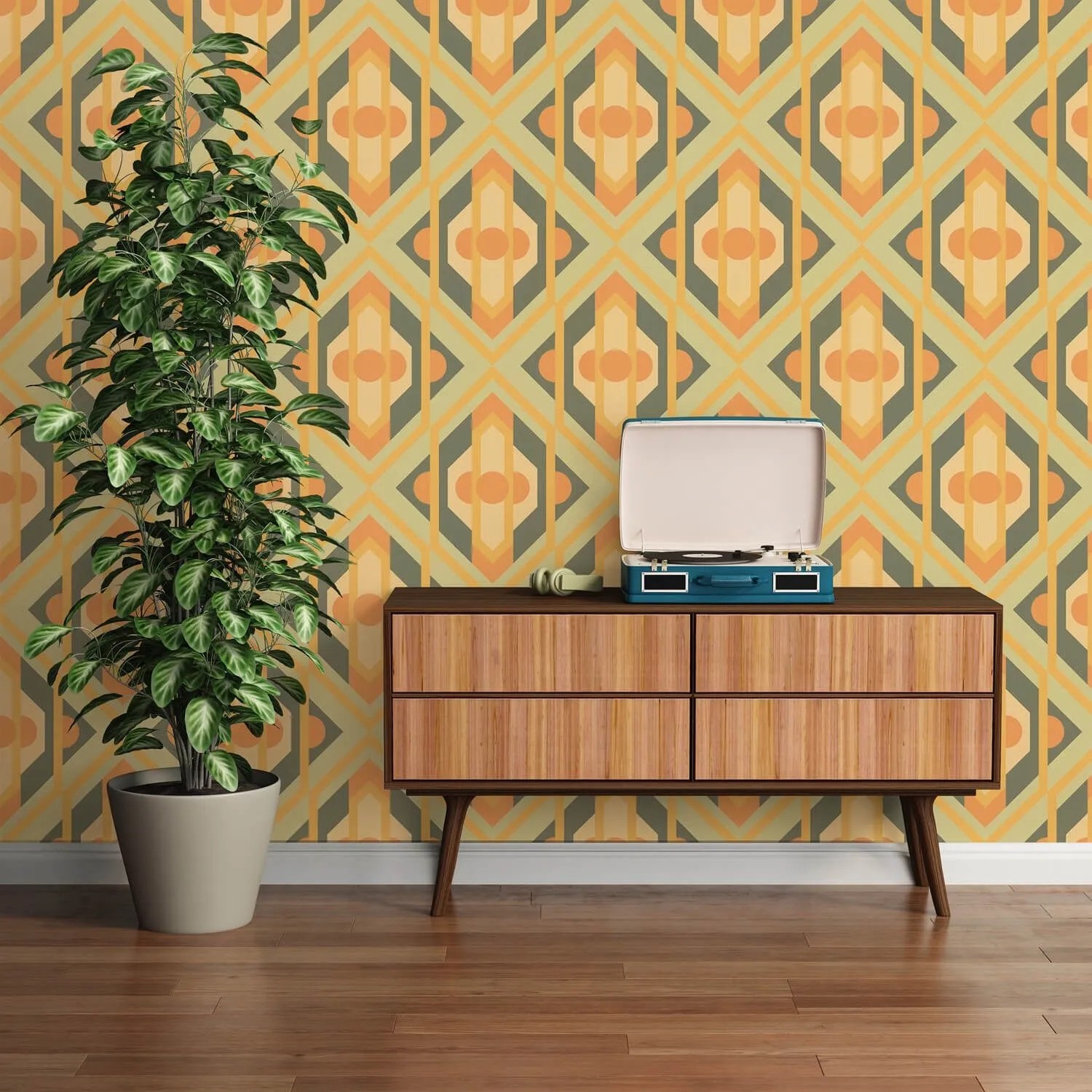 Retro Tapete mit geometrischem Muster in Grün, Gelb, Orange und Braun. Dekorative Wandgestaltung.