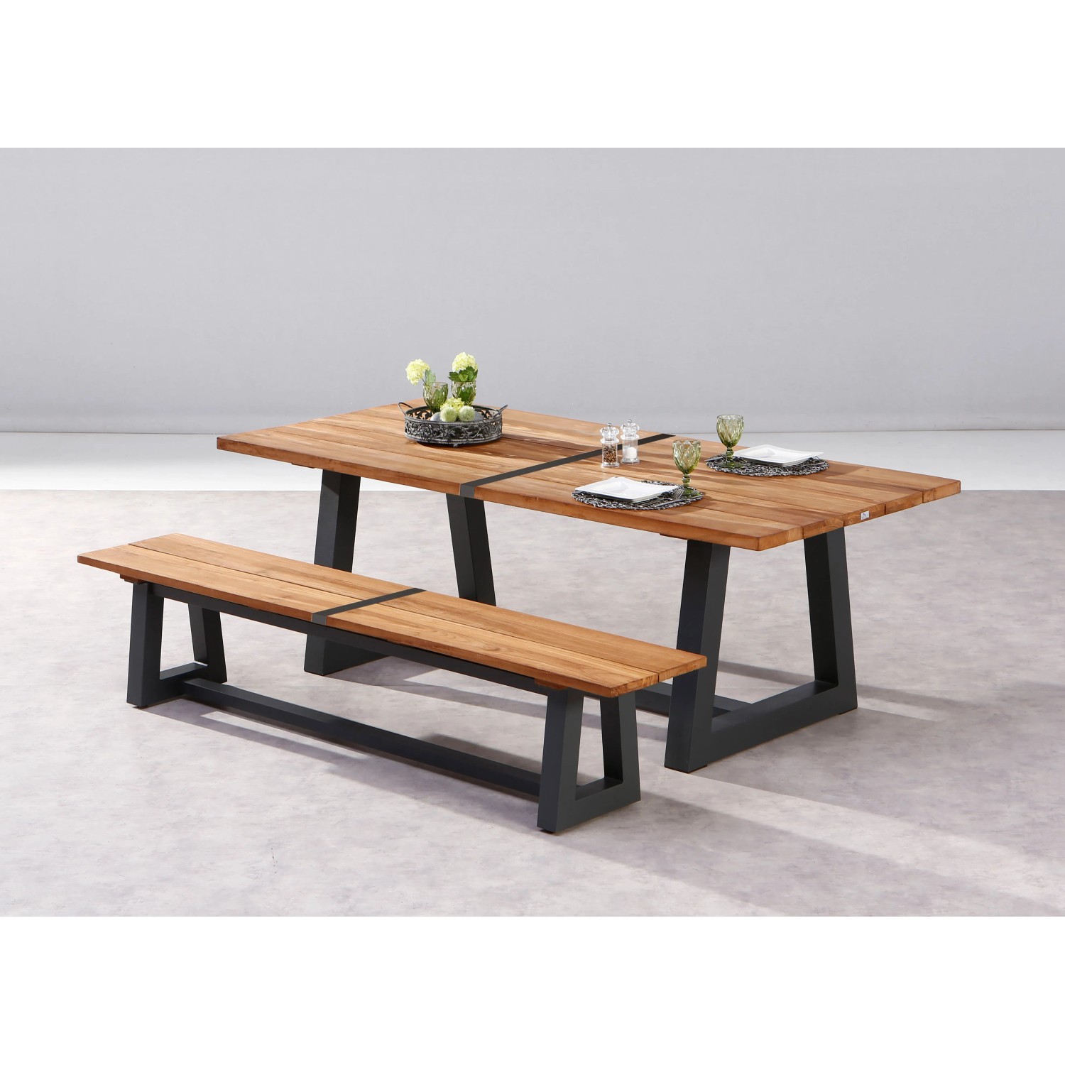 Gartenbank Campione, 220 cm, Anthrazit/Teakholz, mit passendem Gartentisch. FSC®-zertifiziert.
