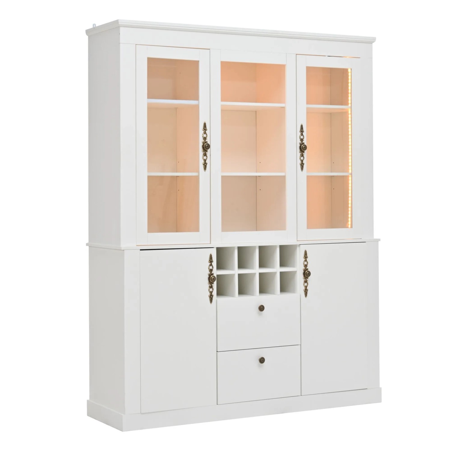 ModernLuxe Vitrine mit 2 Schubladen 4 Türen Led Beleuchtung 8 Weinregale Spanplatte Weiß