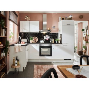Moderne pino Eckküche in Weiß Hochglanz mit Arbeitsplatte in Pietra Grey und Elektrogeräten.