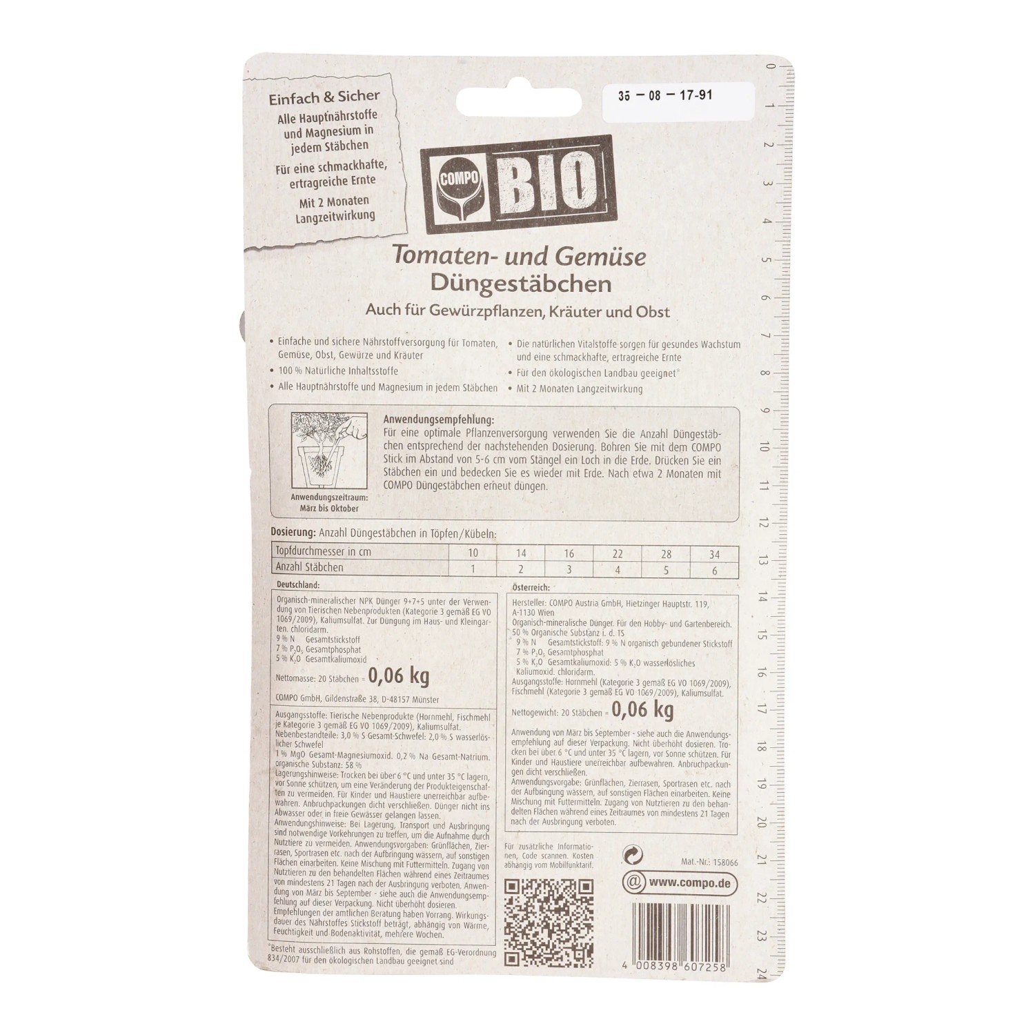 Compo Bio Tomaten- und Gemüse Düngestäbchen, 20 Stk. für gesunde Pflanzen und reiche Ernte.
