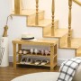 HOMCOM Sitzbank aus Bambus mit 3 Etagen für Schuhe, naturfarben, mit Schuhen und Hut dekoriert.
