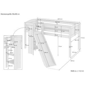 Erst-Holz Schönes Spielbett für Kinder mit Rutsche 90 x 200 cm Kiefer Weiß Modell 21 mit Vorhang Grau
