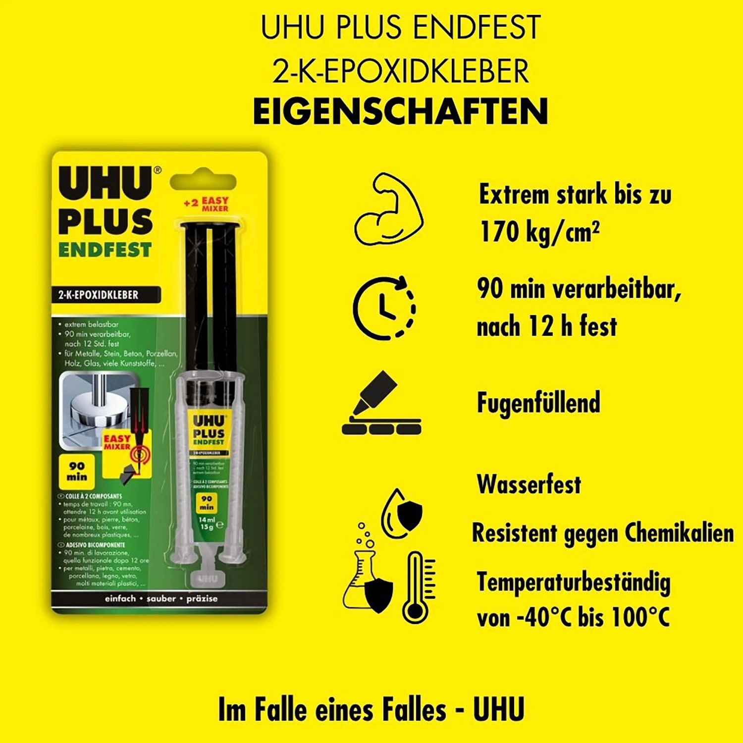 Uhu plus endfest Doppelkammerspritze, 2-Komponenten Epoxidkleber für höchste Belastungen.