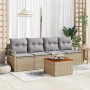vidaXL Garten-Sofa-Set, 5-teilig, beige/hellgrau. Rattan Lounge mit Tisch und grauen Kissen.