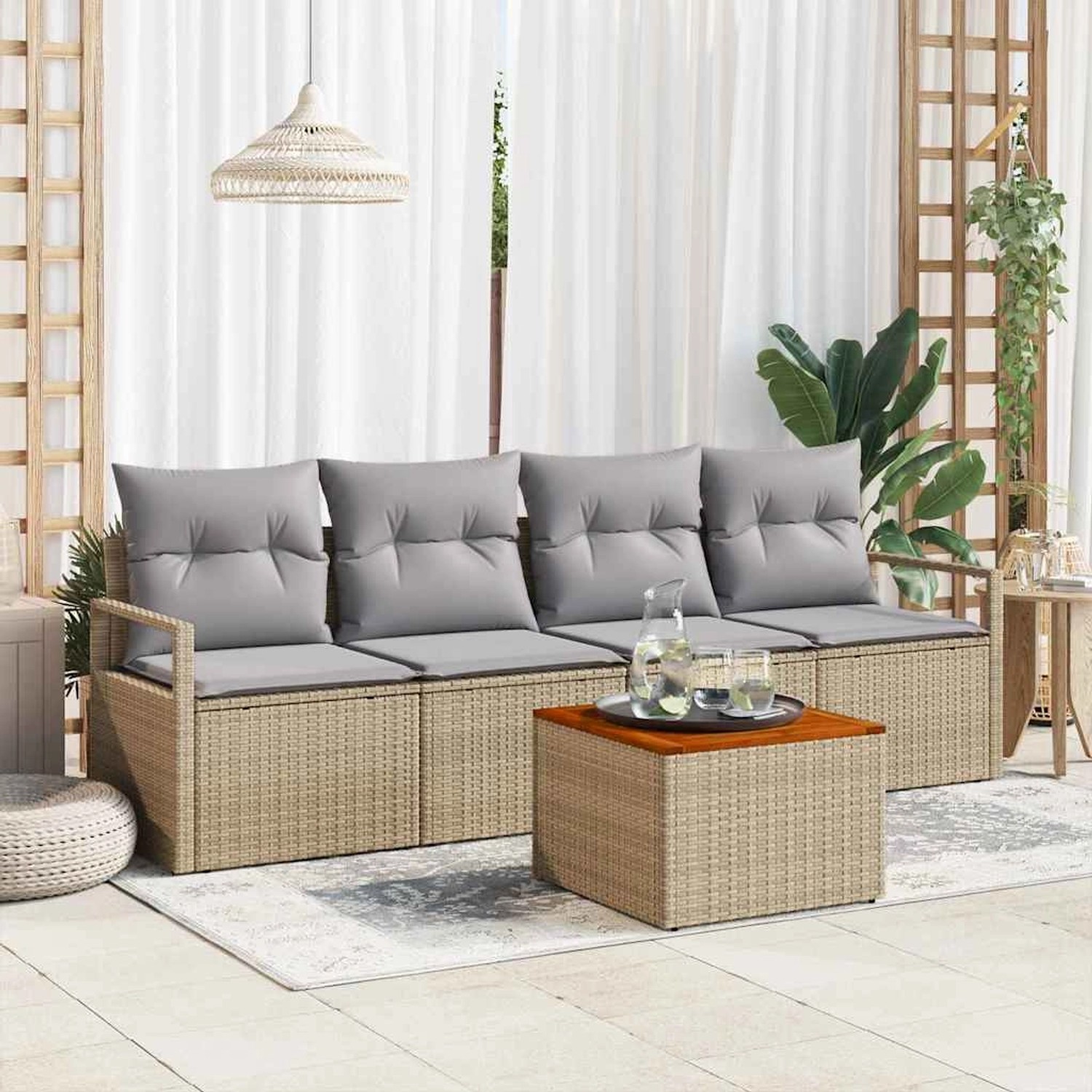 vidaXL Garten-Sofa-Set, 5-teilig, beige/hellgrau. Rattan Lounge mit Tisch und grauen Kissen.