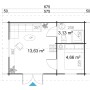 Grundriss des Lasita Maja Gartenhaus Caroline Set, 575x390 cm, mit Raumaufteilung und Maßen.