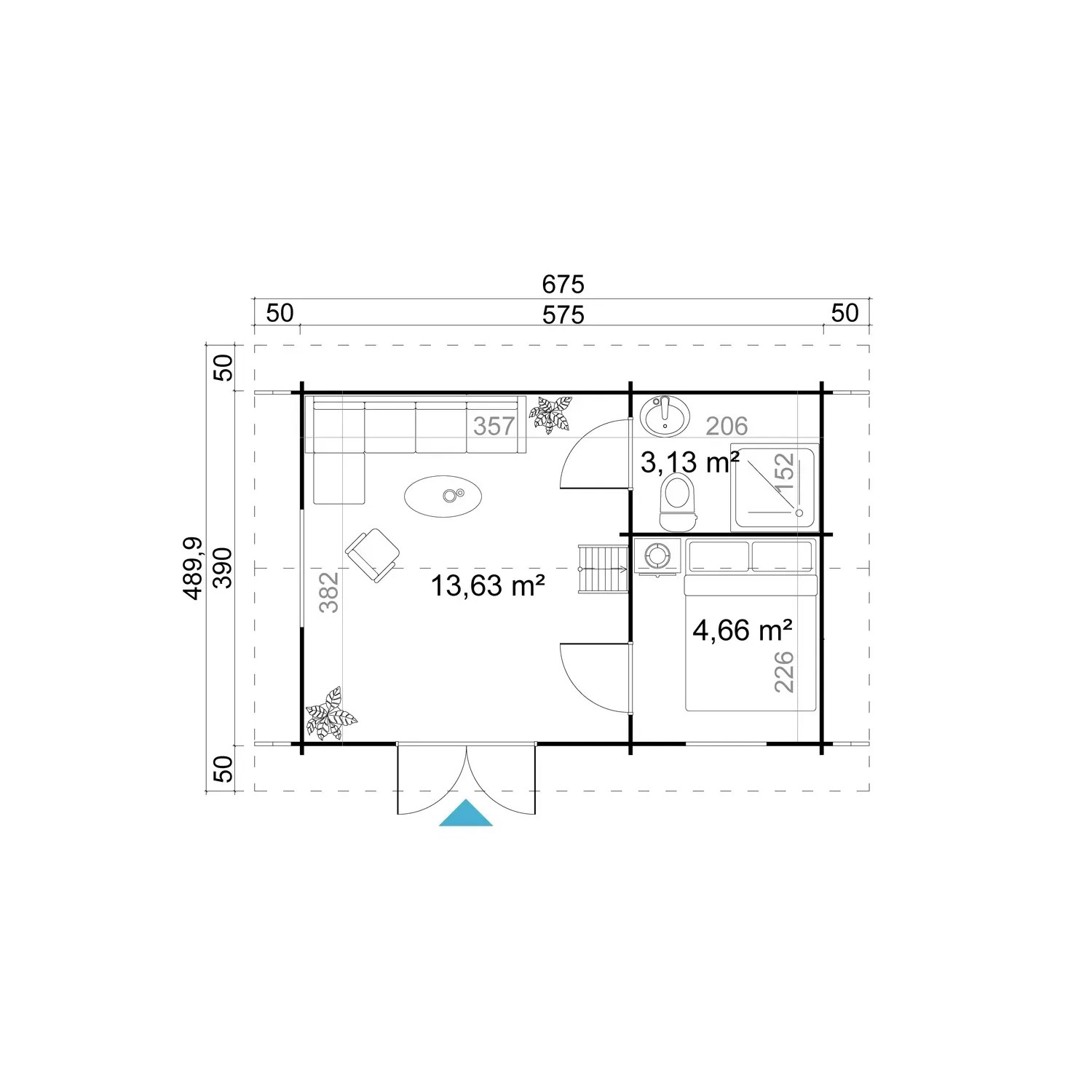 Grundriss des Lasita Maja Gartenhaus Caroline Set, 575x390 cm, mit Raumaufteilung und Maßen.