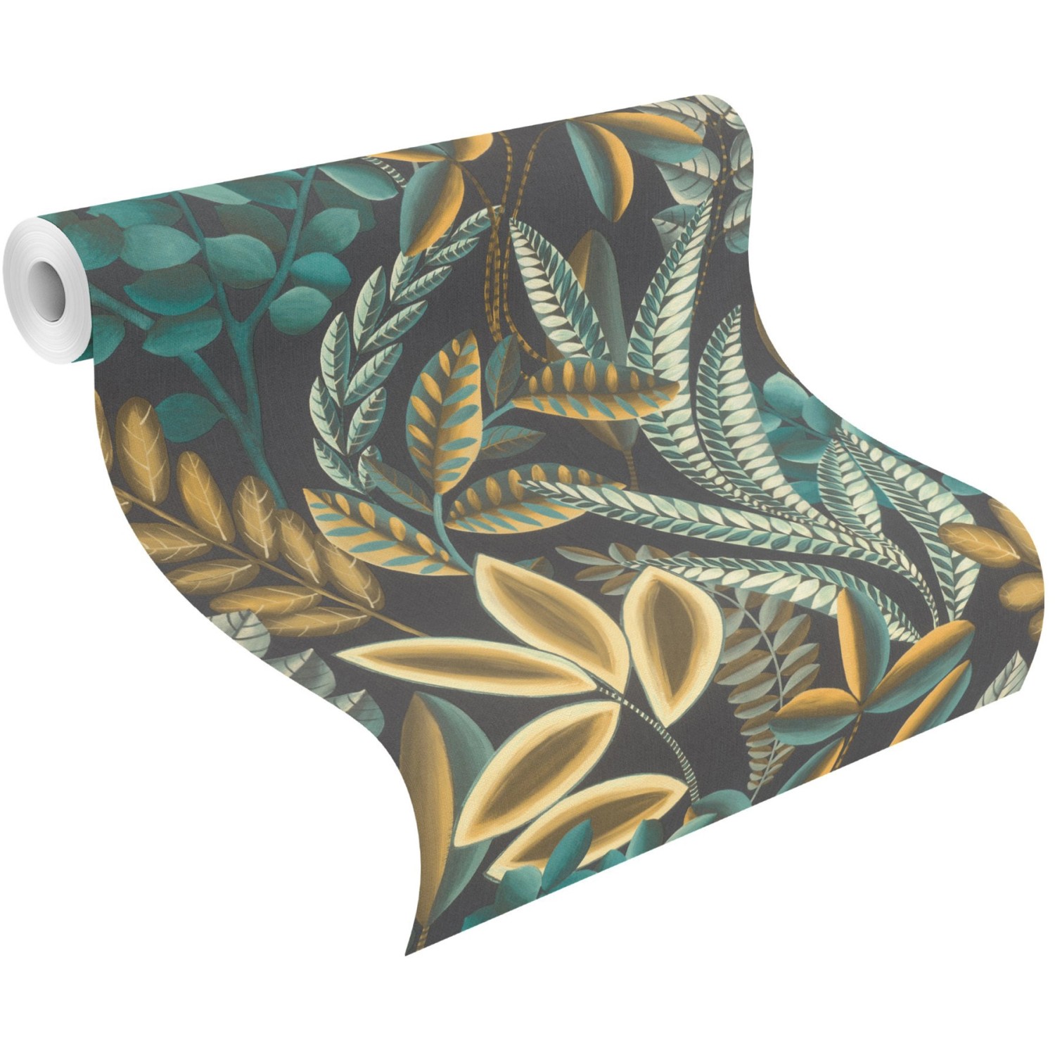 Rasch Vliestapete Florentine III, Blätter in Anthrazit, Türkis und Gelb auf Rolle.