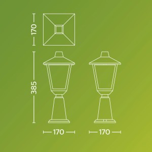 Skizze der Philips Kinno Sockelleuchte in Schwarz mit Maßangaben, ideal für den Außenbereich.