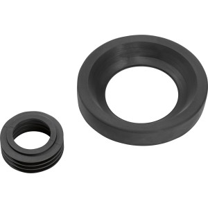 2-teiliges Dichtungsset für Wand-WC Anschlussgarnitur, bestehend aus zwei schwarzen Gummidichtungen.