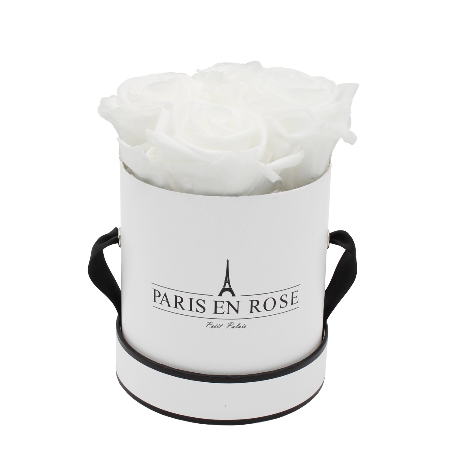 Rosenbox Ø 10 cm Weiß-Schwarz mit 4 Weißen Rosen