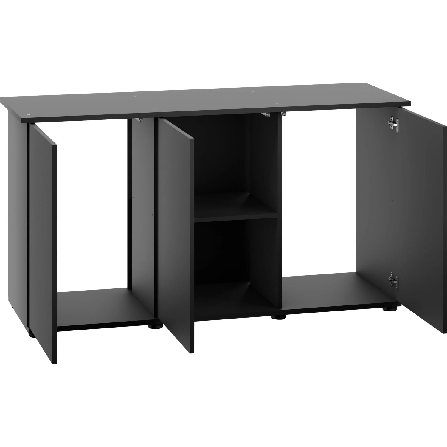 Schwarzer Juwel Aquariumunterschrank SBX Rio 450 mit offenen Türen und Regalfach.