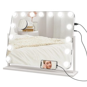 HOMCOM Hollywood Spiegel mit Beleuchtung, 62x52 cm, mit 360° Drehung und Handyhalterung.