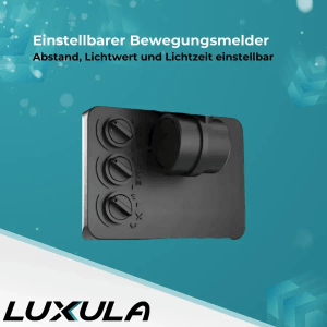 Detailaufnahme des LUXULA LED Fluter Bewegungsmelders zur Einstellung von Abstand, Lichtwert und Leuchtzeit.