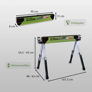 TRUTZHOLM Stahl Sägebock, höhenverstellbar und klappbar, mit Maßangaben.