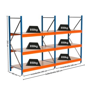PROREGAL Weitspannregal MAXIMUS PRO, blau/orange, mit 3 Spanplatten-Fachböden und Lastangabe.