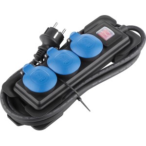 Schwarze 3-fach Steckdosenleiste IP54 mit blauen Schutzdeckeln und Kontrollschalter.
