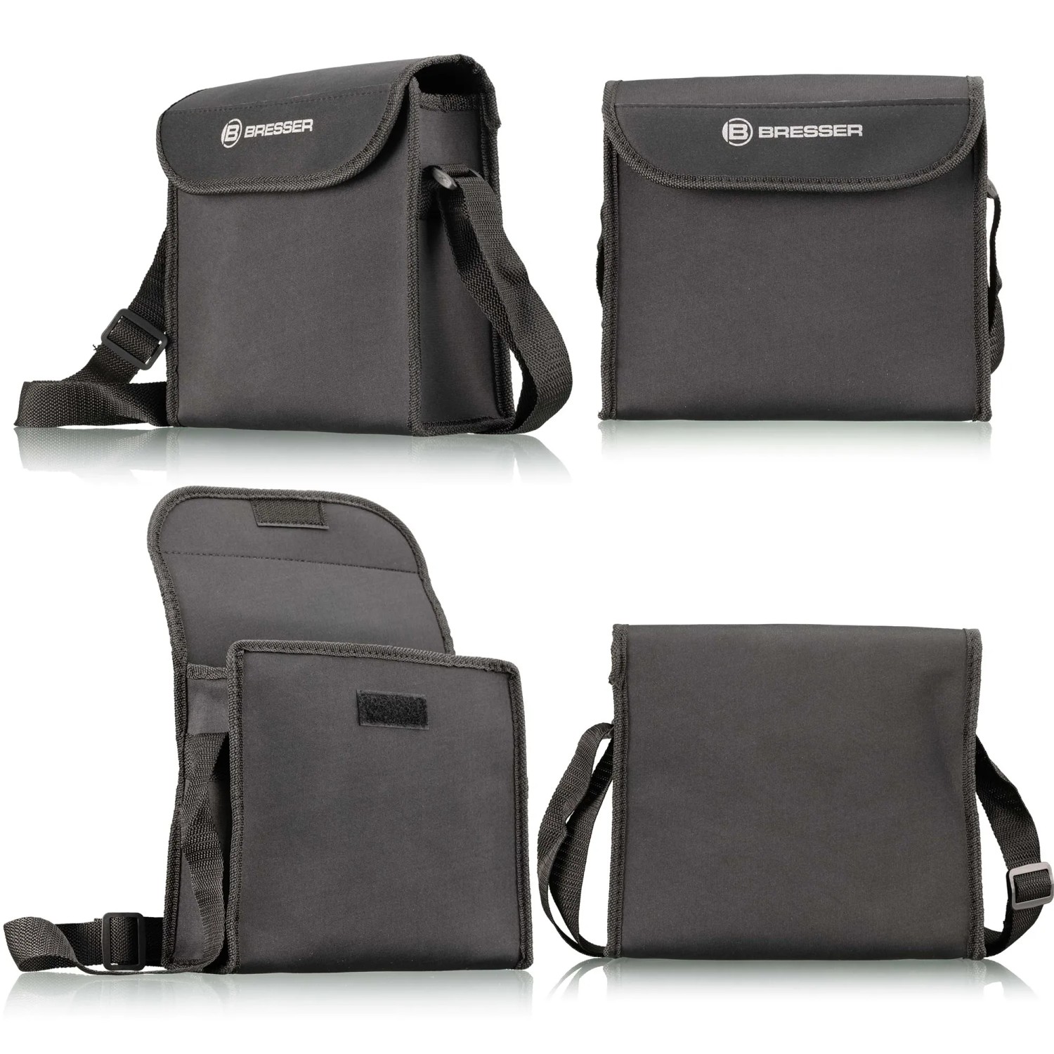 Bresser Fernglas Hunter 7x50: Schwarze Tasche mit Trageriemen in verschiedenen Ansichten.