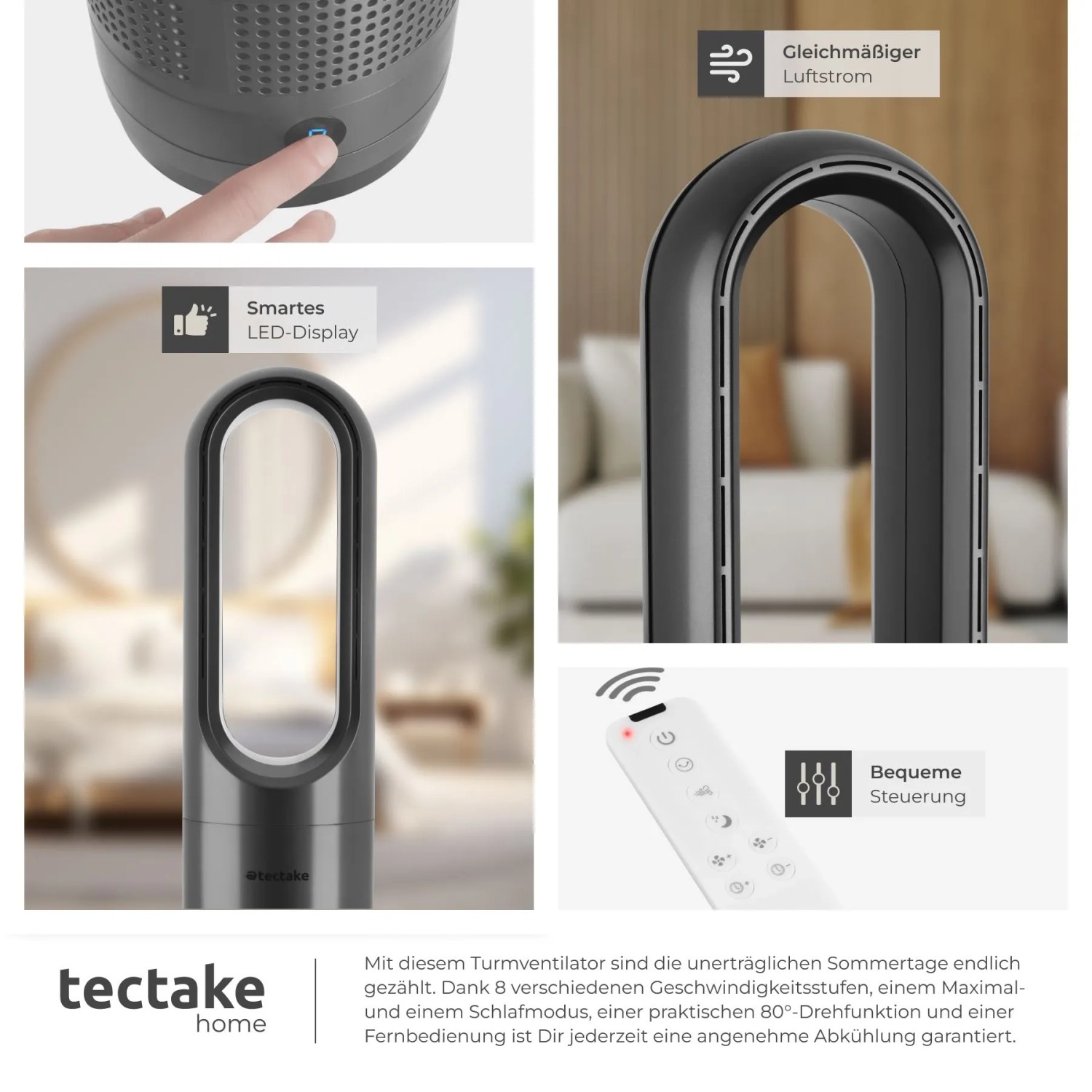 Tectake Turmventilator Polar, anthrazit, mit Fernbedienung, 8 Geschwindigkeiten und 80° Oszillation.