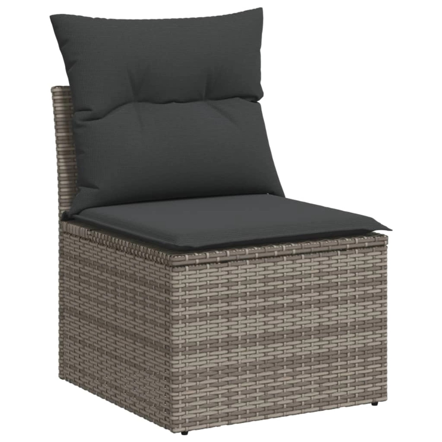 Graues vidaXL Garten-Mittelsofa aus Polyrattan mit dunklen Kissen, Teil einer Sofagarnitur.