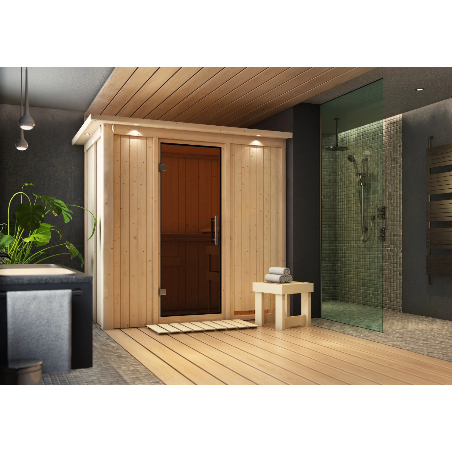 Karibu Sauna Vera und LED-Dachkranz Natur