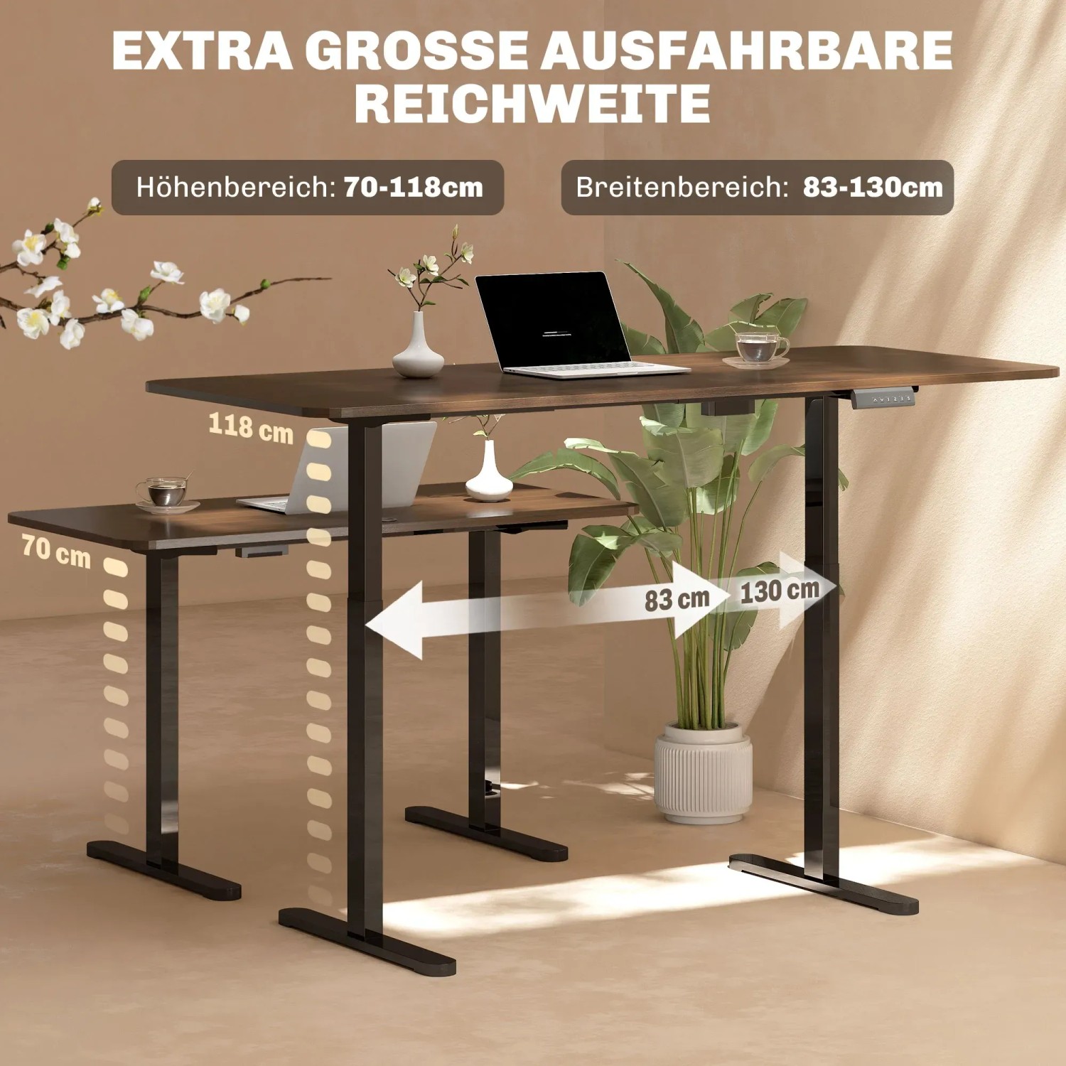 Höhenverstellbarer Schreibtisch von HOMCOM, Gestell mit 2 Motoren, schwarz, flexibel in Höhe und Breite.