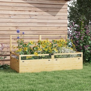 Outsunny Hochbeet aus Tannenholz mit Rankgitter und Schutznetzen, bepflanzt mit gelben und lila Blumen.