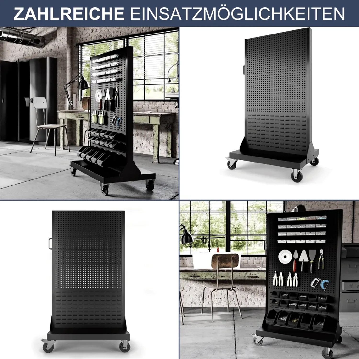 Mobile DELUKE Werkzeugwand ENDA, schwarze Lochwand auf Rollen, 155,5x96,5x6,1 cm.