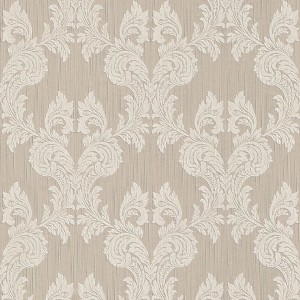 Beige Textiltapete mit Barockmuster, matte Oberfläche. Dekorative Tapete für Wohnräume.