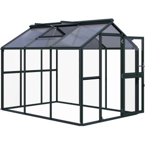 KGT Gewächshaus Galant III, tannengrün, 6,65 m², mit geöffneter Tür und Dachfenster.