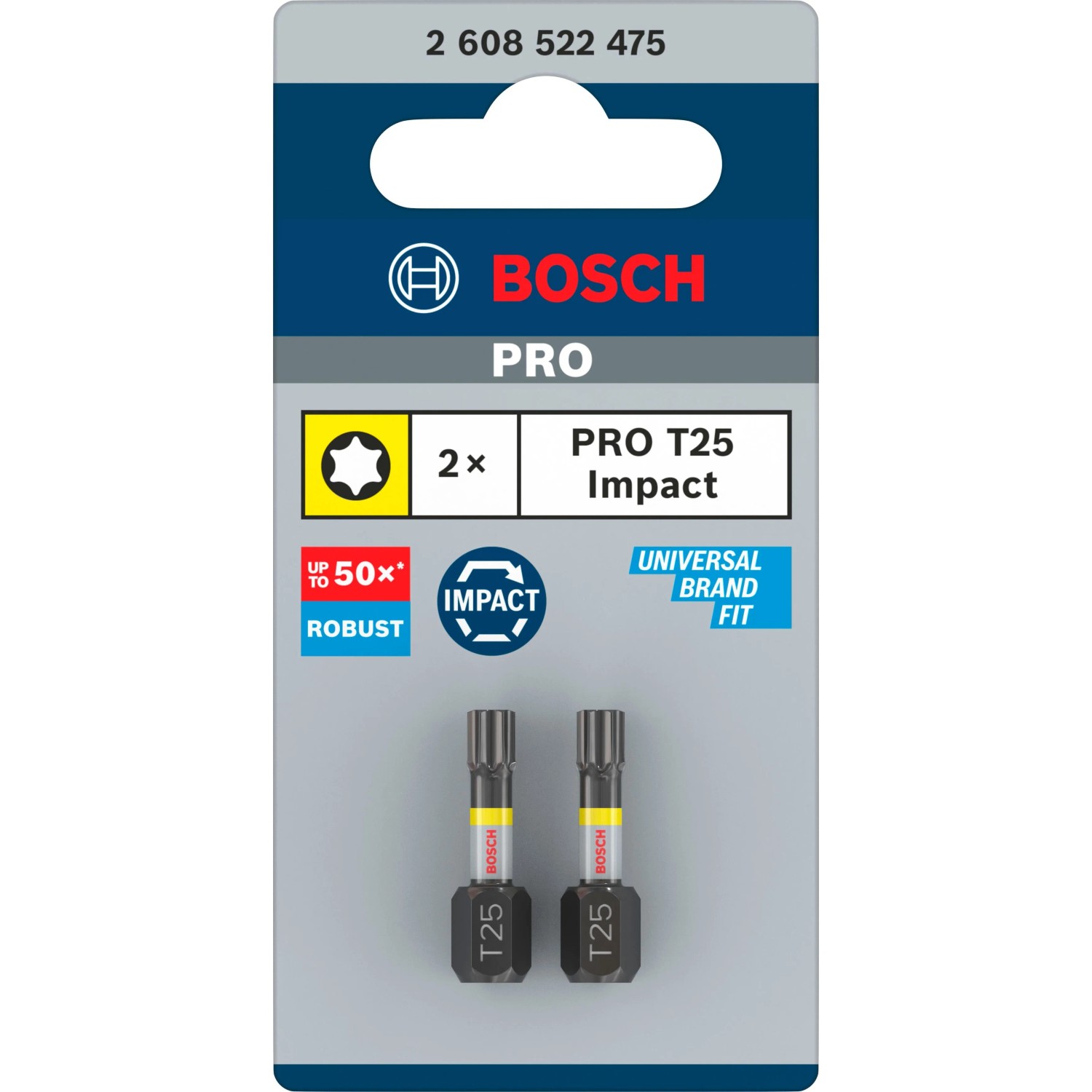 Zwei Bosch T25 Impact Control Schrauberbits in Verpackung. Robustes 2-teiliges Bitset für Schlagschrauber.