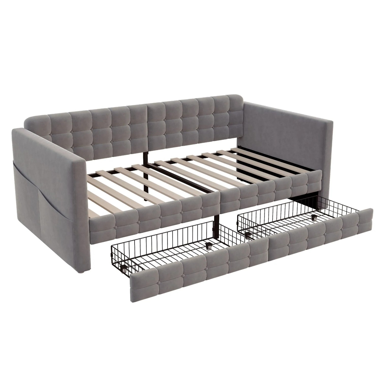 Merax Schlafsofa 90x190cm Karomuster Stauraum Samt Grau