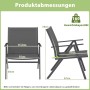 2er Set graue Gartenstühle mit Maßen und 160 kg Tragkraft. Metallrahmen, breite Sitzfläche, atmungsaktives Gewebe.