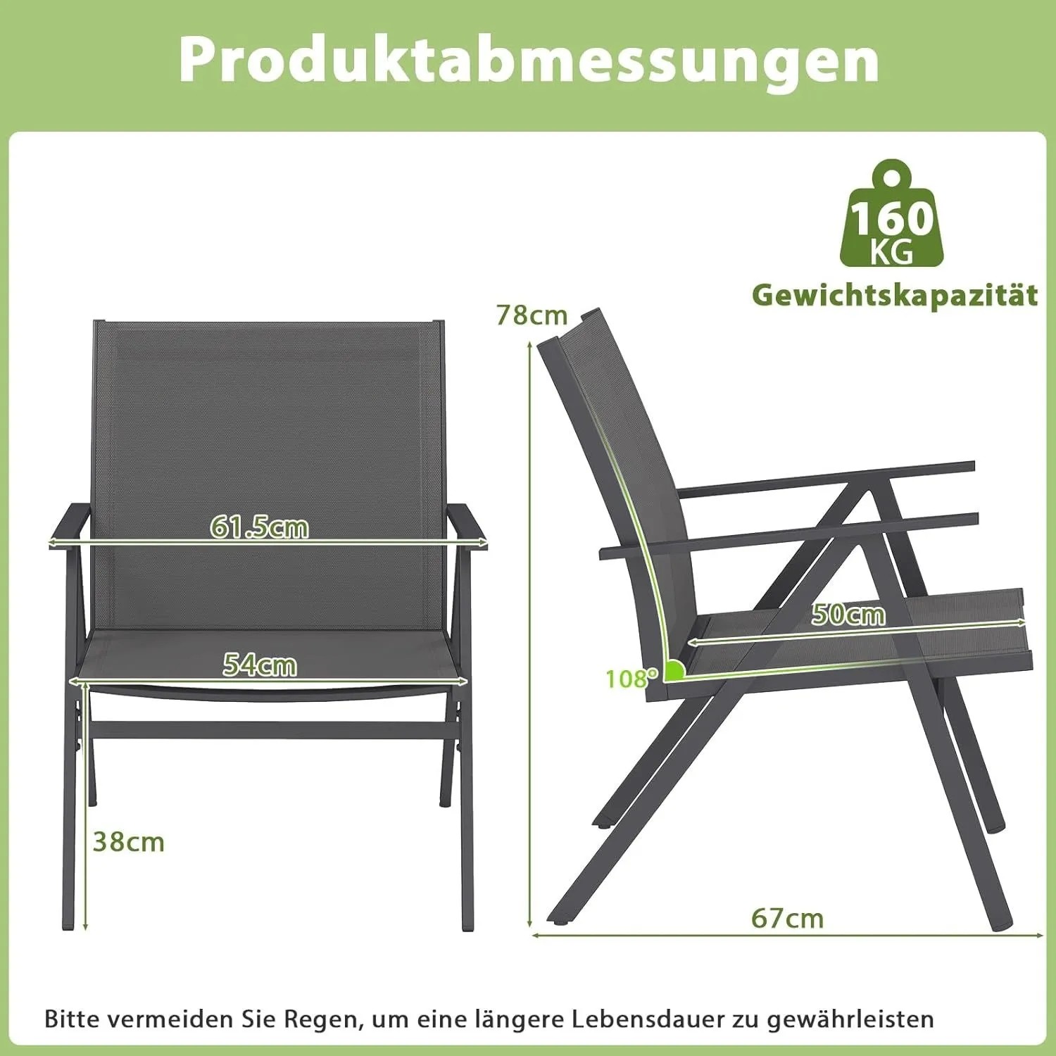 2er Set graue Gartenstühle mit Maßen und 160 kg Tragkraft. Metallrahmen, breite Sitzfläche, atmungsaktives Gewebe.
