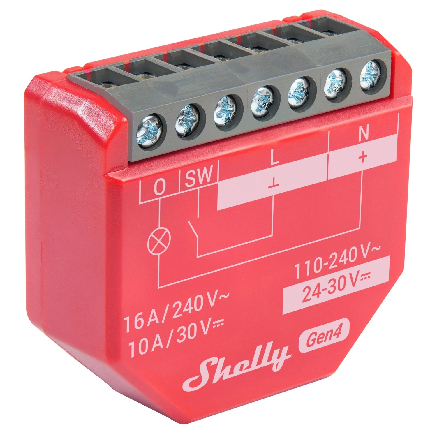 4er-Pack Shelly Smart-Relais 1PM Gen4 für die Hausautomation, rot. Kompaktes Design mit grauen Anschlüssen.