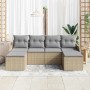 Beiges 6-tlg. vidaXL Garten-Sofa-Set aus Poly Rattan mit hellgrauen Kissen.