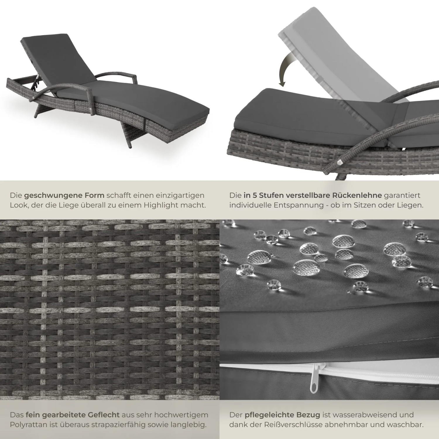 Tectake Aluminium Rattan Sonnenliege Océane Wetterfest und Uv Beständig 5 Fach Verstellbare Rückenlehne 190 x 71 x 74 50 cm Grau_5