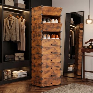 Braunes Schuhregal mit Holzoptik, 10 Klappfächern, schwarz. Schmaler Schuhschrank für Flur & Garderobe.