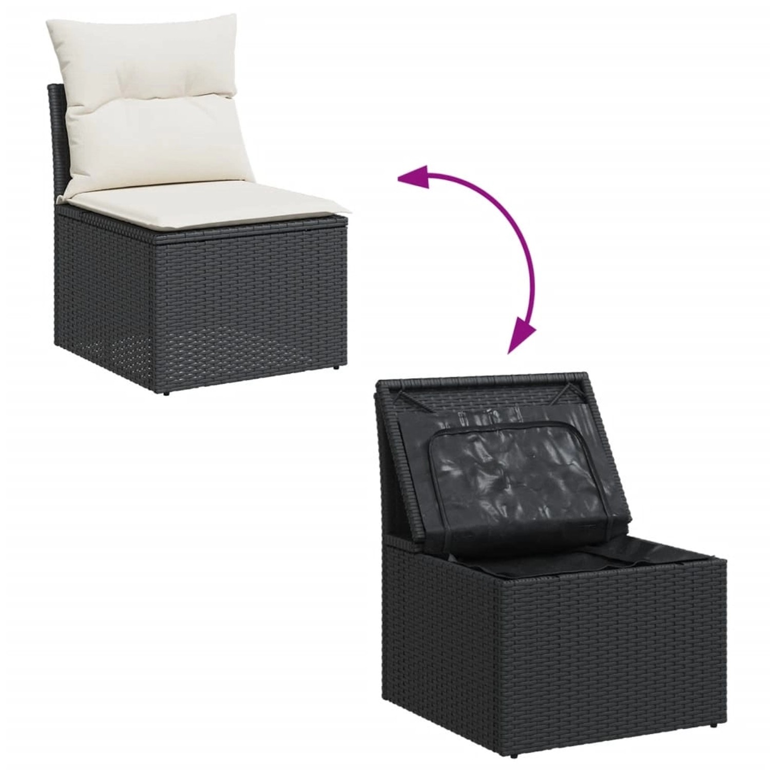 vidaXL Garten-Sofagarnitur, 9-teilig, schwarz, Poly Rattan, mit Stauraum und Kissen.