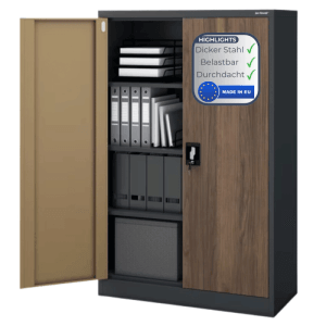 DELUKE Aktenschrank KADO, anthrazit-nussbaum, mit geöffneter Tür und Aktenordnern.