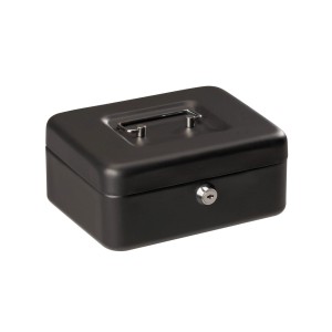 Kleine, schwarze CMI Geldkassette aus Stahl mit Tragegriff und Zylinderschloss.