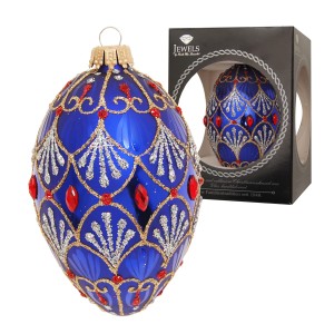 Blaue Krebs Glas Lauscha Weihnachtskugel Eiform Gloria, 11cm, mit rotem Schmuck.