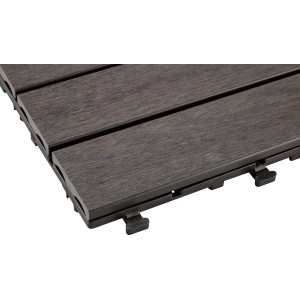 Nahaufnahme einer anthrazitfarbenen WPC Klickfliese (30x60 cm) mit Klicksystem.