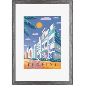 Klassischer, silberner Kunststoffbilderrahmen 21x29,7 cm mit Passepartout und Florida Art Deco Motiv.